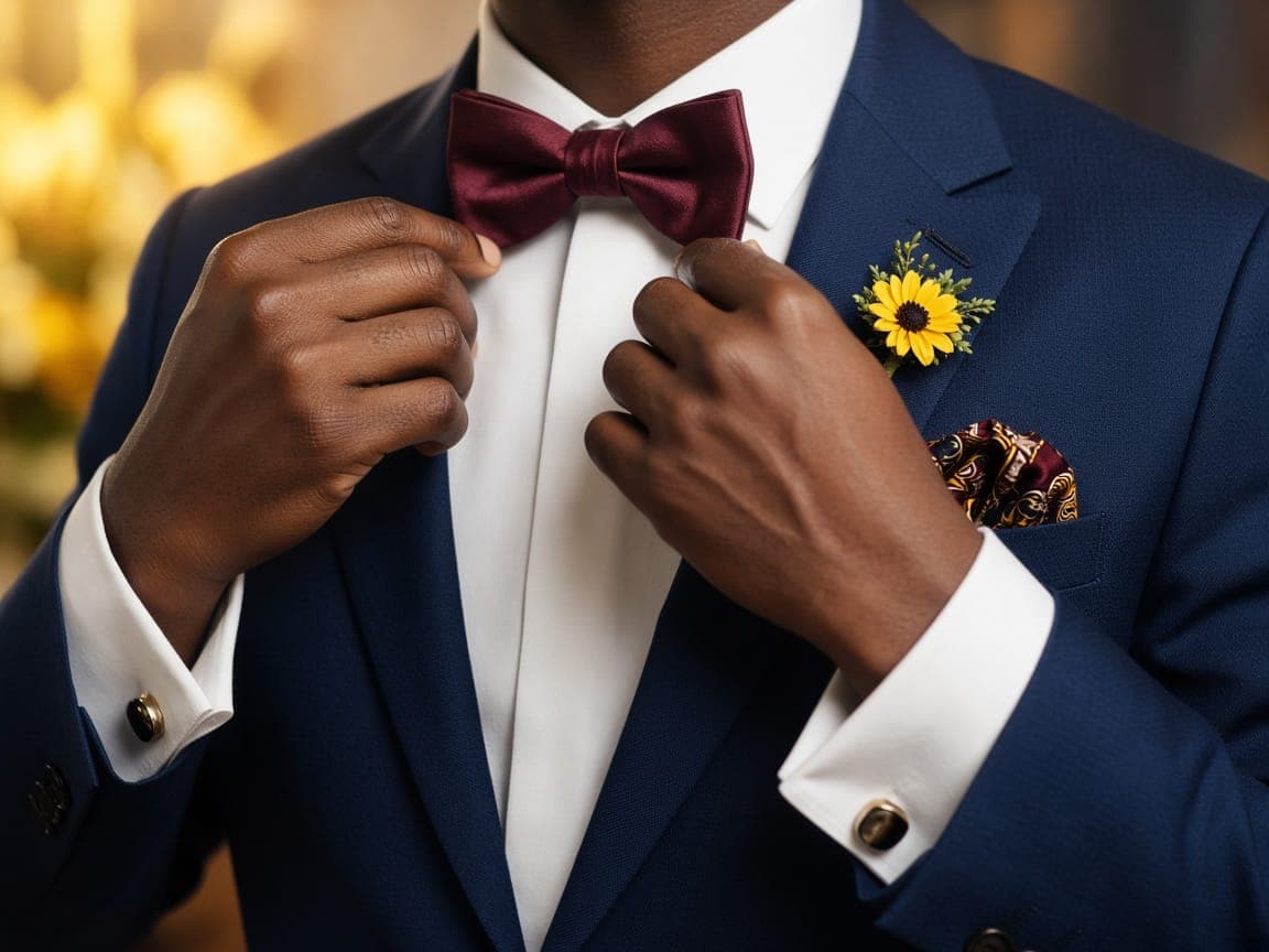 Man in a navy suit adjusting a burgundy bow tie, with a patterned pocket square and flower pin