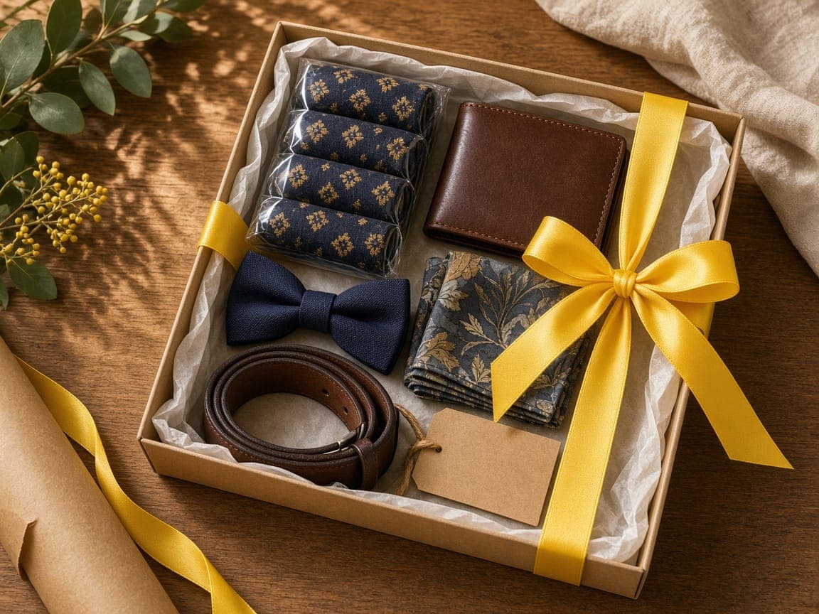 Gift box with patterned socks, a leather wallet, bow tie, pocket square and belt tied with yellow ribbon