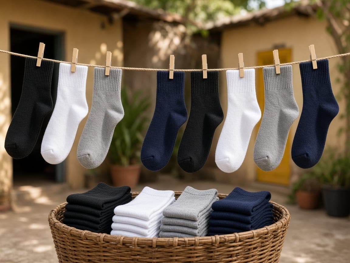 Black, white, grey and navy socks drying on a clothesline above a basket of folded pairs