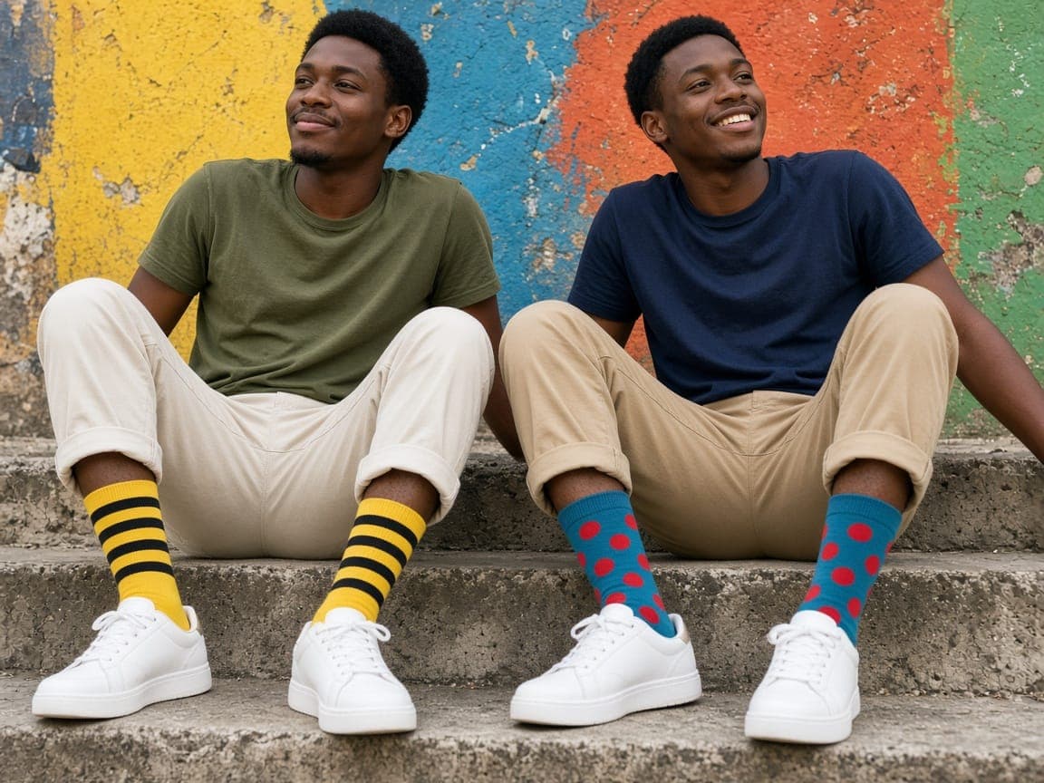Two friends on steps wearing yellow striped and teal polka-dot socks with white sneakers