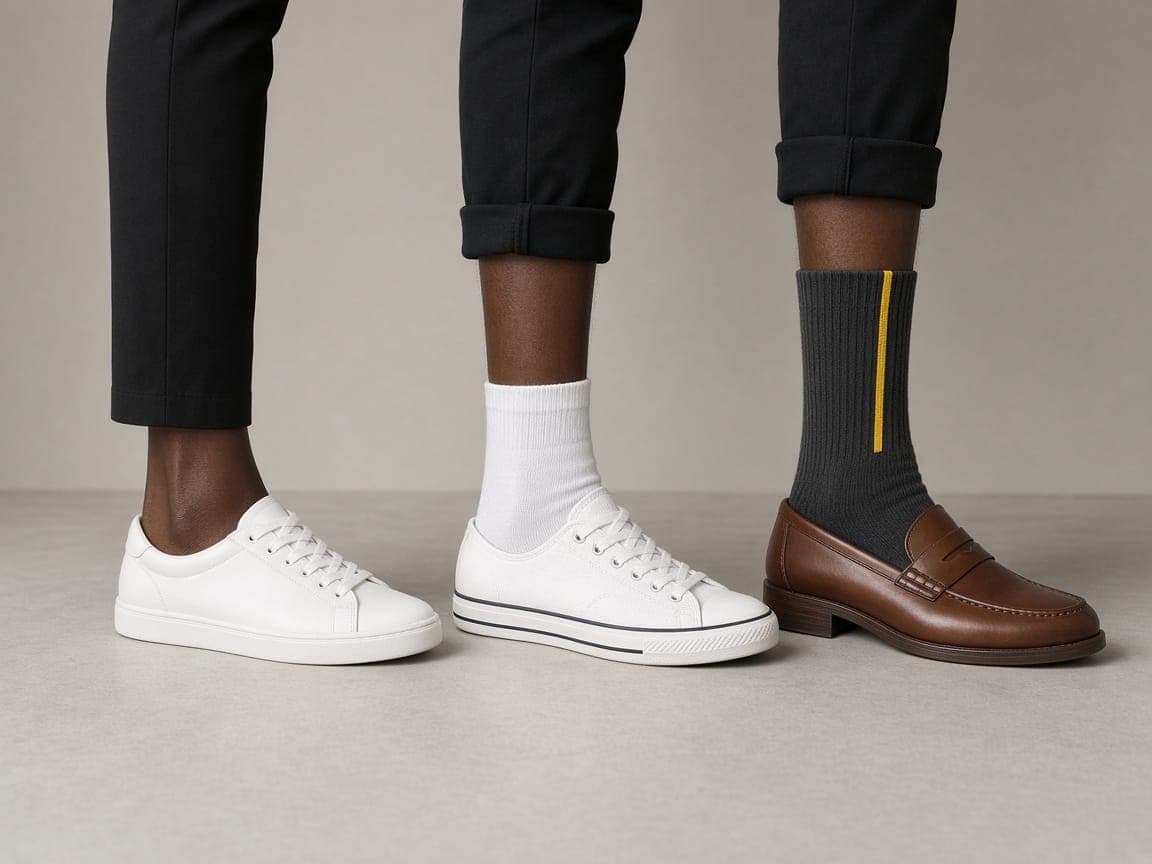 Three sock heights side by side: no-show with sneakers, ankle with canvas shoes and crew with loafers