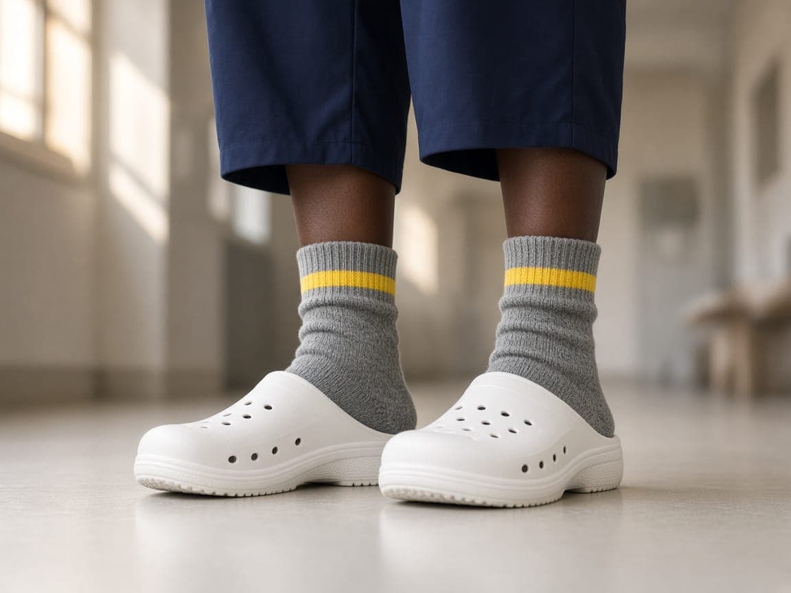 Nurse in navy scrubs wearing cushioned grey crew socks with white clogs in a hospital corridor