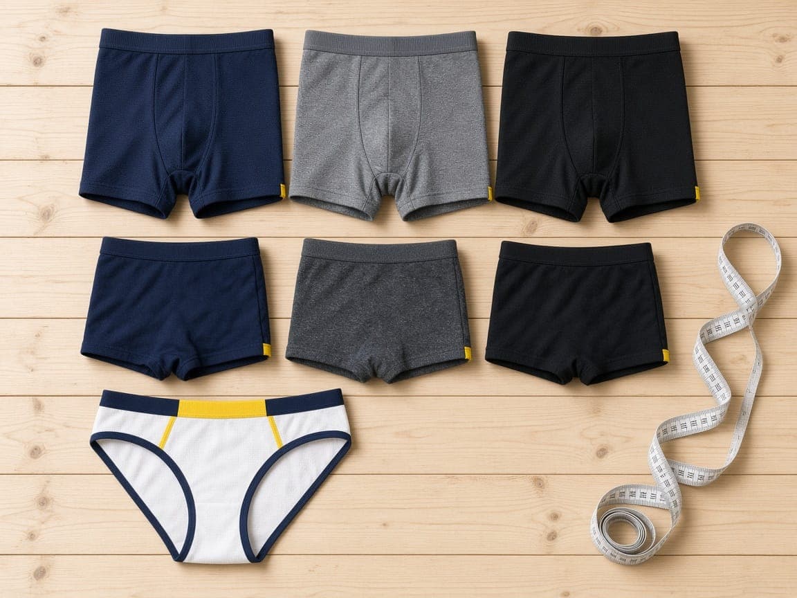 Navy, grey and black boxers and trunks laid out with briefs and a measuring tape