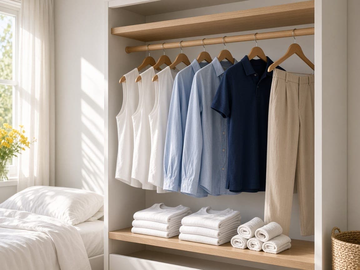 Clothing rail with white vests, light blue shirts, a navy polo and beige trousers