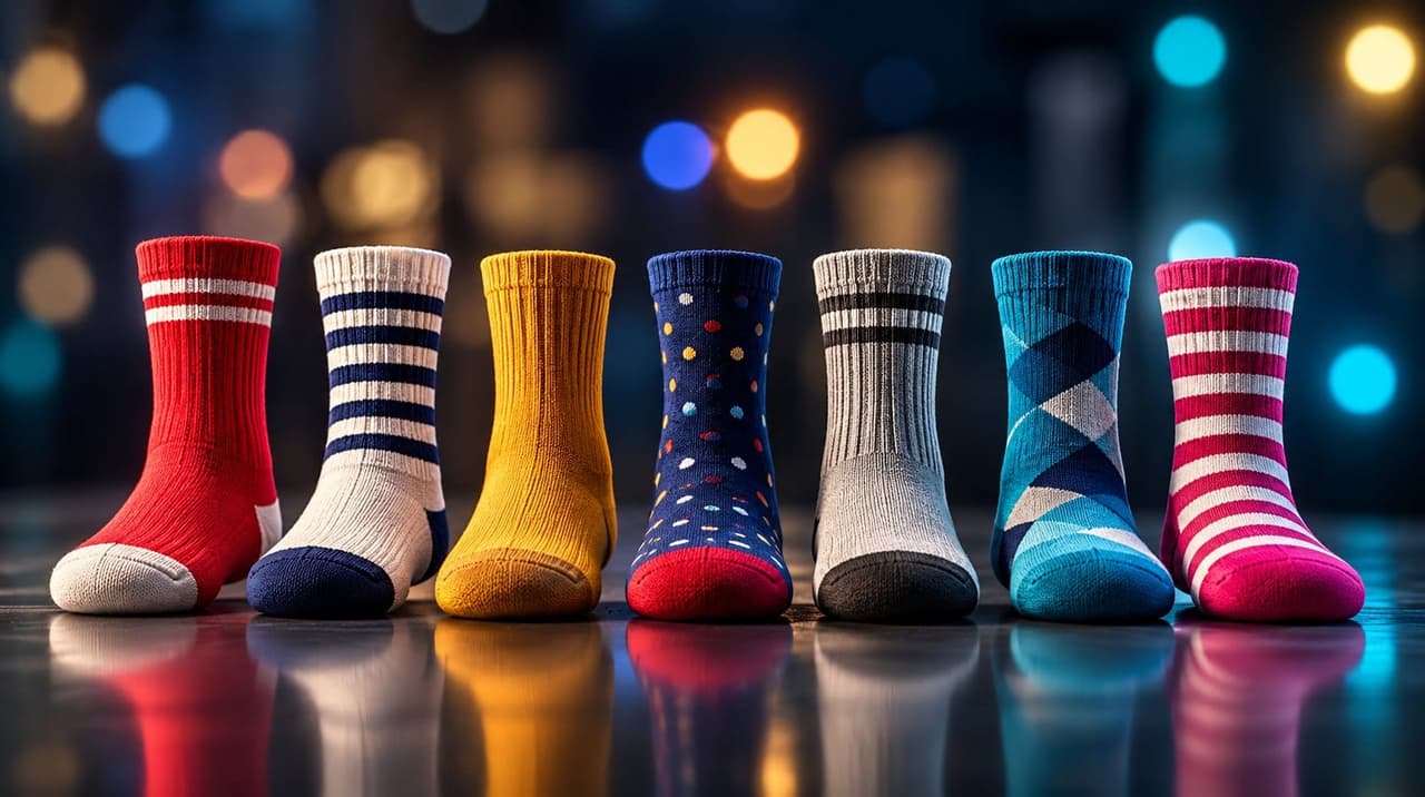 A row of colourful crew socks in stripes, dots and argyle